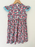 Red Floral with Blue Gingham Frill Sleeve - Handmade