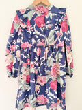 Navy Floral Long Sleeve Dress with frills - Handmade