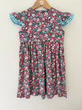 Red Floral with Blue Gingham Frill Sleeve - Handmade