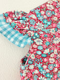 Red Floral with Blue Gingham Frill Sleeve - Handmade