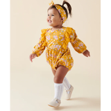 Millie Floral Long Sleeve Lace Romper in Honey Gold - Designer Kidz
