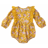 Millie Floral Long Sleeve Lace Romper in Honey Gold - Designer Kidz