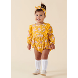 Millie Floral Long Sleeve Lace Romper in Honey Gold - Designer Kidz