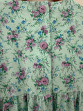 Green & Mauve Floral Dress with frilled  sleeves- Handmade